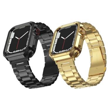 Imagem de Pacote com 2 pulseiras projetadas para Apple Watch, pulseira para i-Watch Series 8 7 6 5 4 3 2 1 SE, corrente de metal de aço inoxidável com capa de TPU, pulseira de elos inteligentes,