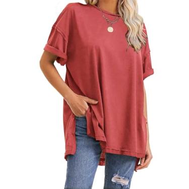Imagem de EXLURA Camiseta feminina grande casual manga curta solta 2024 moda verão básico gola redonda fenda lateral camisas, Vermelho tijolo, GG