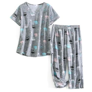 Imagem de SISKIN Conjunto de pijama feminino – Conjunto de pijama feminino plus size com calça capri de verão, Coruja cinza, XXG