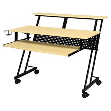 Imagem de Mesa de estúdio de gravação de música pequena mesa de computador mesa de escritório em casa com prateleira de armazenamento de monitor e bandeja de teclado amarelo e preto 119 cm C x 71 cm L x 96 cm A