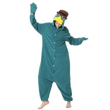 Imagem de BDZaigozaiwu Pijama unissex adulto animal cosplay macacão fantasia festa de Natal roupa de dormir roupa para casa, Ornitorrinco verde, Small