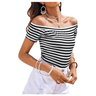 Imagem de Floerns Camisetas femininas com estampa listrada com ombro de fora e manga curta, Preto e branco, G