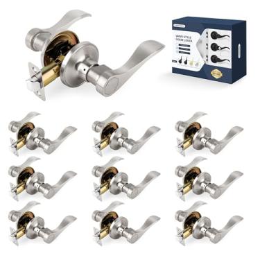 Imagem de LOQRON Maçaneta de porta estilo onda, puxador de porta de passagem, pacote com 10 maçanetas internas sem chave reversíveis para canhoto/direita para corredor e armário com acabamento de níquel acetinado