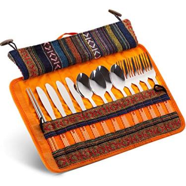 Imagem de Conjunto de utensílios de piquenique de aço inoxidável com estojo de viagem para acampamento | caminhadas | churrascos - inclui garfos | facas | pauzinhos, estojo de nylon (laranja)