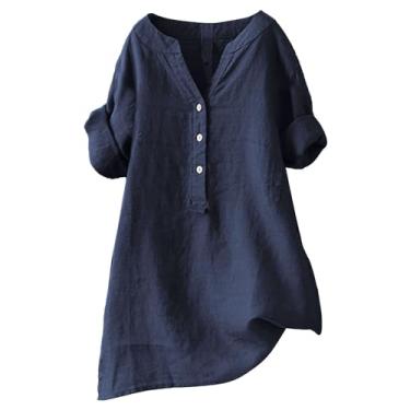 Imagem de Camiseta de linho feminina Henley cor sólida manga longa plus size túnica verão sair, Azul marino, XXG