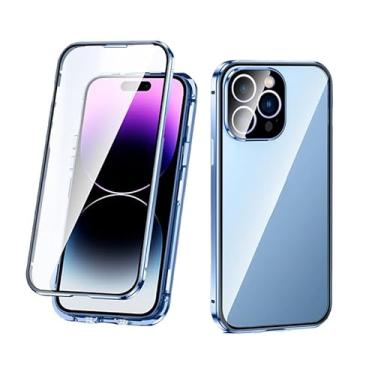 Imagem de KOMISS Capa para iPhone 14Pro Max/14 Pro/14 Plus/14, moldura magnética de metal dupla face, vidro temperado transparente à prova de choque com capa de proteção para câmera fina, azul 1,14 Plus de 6,7
