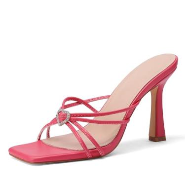 Imagem de LingxiaUne Sandálias brancas/rosa com bico aberto sexy salto agulha quadrado sandálias elegantes sapatos de verão, rosa, 41