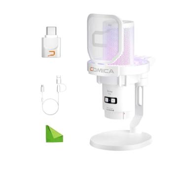 Imagem de comica Microfone USB sem fio para computador e smartphone, microfone condensador cardióide RGB de 48 kHz/24 bits para jogos para podcasting, streaming, gravação, com suporte de mesa branco (Uni Pro D)