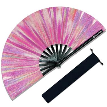 Imagem de Raveahem Ventilador de mão dobrável grande com glitter para homens e mulheres, ventilador de mão para EDM, festival, clube, festa, dança (rosa ridescente, 33 cm)