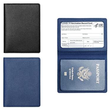 Imagem de Arouselove Pacote com 2 capas para passaporte e porta-cartão de vacina, carteira de passaporte de couro PU, capa protetora de vacina, carteira de passaporte de viagem para mulheres e homens, Azul,