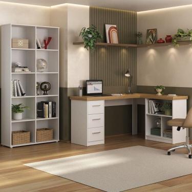 Imagem de Kit 2 Peças com Escrivaninha em L com Nichos e 3 Gavetas e Estante Clean com 10 Nichos Olmo/Branco