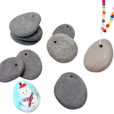 Imagem de Lifetop 10 peças pequenas de pedras planas perfuradas para pintura, pedras artesanais de 3,8 a 5 cm para pintura, arte de seixos simples, pingentes de rocha de rio, pedras DIY