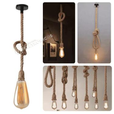 Imagem de Kit Pendente Corda Sisal Retrô Com Lâmpada LED ST64 Filamento Bulbo Es