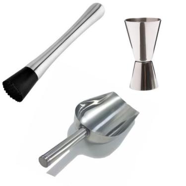 Imagem de Kit Barman Inox Dosador Duplo, Pá Gelo, Macerador Coquetéis - NLS