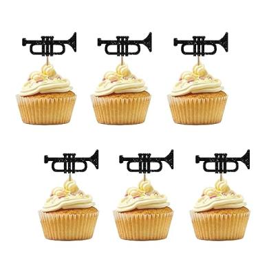 Imagem de Conjunto de 24 topos de cupcake de trompete para aniversário com tema musical, trombone preto com purpurina, sinal de instrumento musical, decorações de bolo para chá de bebê/artigos de festa de