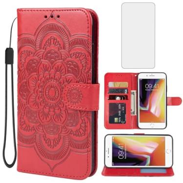 Imagem de Bohefo Capa para iPhone 6, capa carteira para iPhone 6S com protetor de tela de vidro temperado, capa flip de couro mandala em relevo com suporte para cartão de crédito para Apple iPhone 6 Vermelho