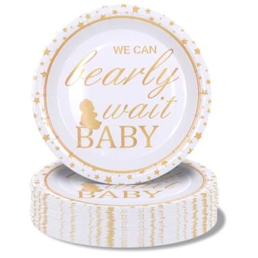 Imagem de Pandecor 50 pratos de papel descartáveis para bebês We Can Bearly Wait, pratos de sobremesa de bolo de 18 cm para festa de revelação de gênero e festa de chá de bebê (pratos)