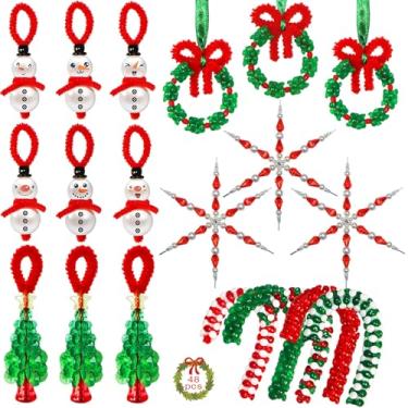 Imagem de JOTFA Artesanato de Natal para crianças, 48 peças, kits de enfeites de contas de Natal, árvore de Natal, floco de neve, guirlanda de boneco de neve, guirlanda de bengala doce, enfeite de contas,
