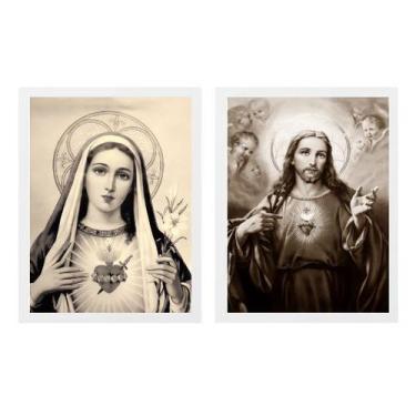 Imagem de Kit 2 Quadros Sagrado Coração De Jesus E Maria Sépia 45x34cm - com vid
