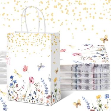 Imagem de Kolldenn 16 peças de sacos de presente de papel de flores silvestres para mulheres, aniversário, Natal, lembrancinhas, sacos com alças, sacos de doces para noivados, suprimentos de festa de noivado