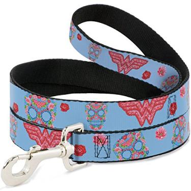 Imagem de Buckle-Down "Logotipo da Mulher Maravilha e caveira floral azul bebê/correia para cachorro multipastel, 1,8 m