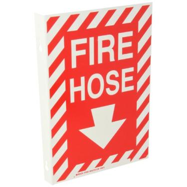 Imagem de Brady 70999 23 cm largura x 30,5 cm altura B-450 polietileno rígido, branco sobre vermelho placa de alta visibilidade, legenda "mangueira de incêndio" (com seta para baixo)