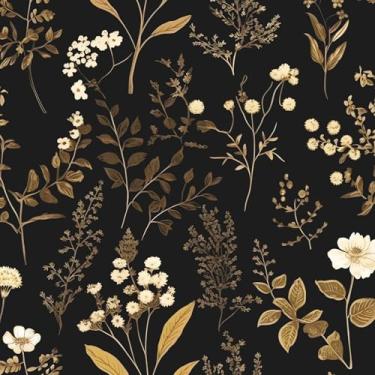 Imagem de ILHIIOR Papel de parede de folha dourada Boho Peel and Stick Papel de parede folha dourada vintage papel de parede floral escuro papel de parede removível autoadesivo para gavetas de armário decoração