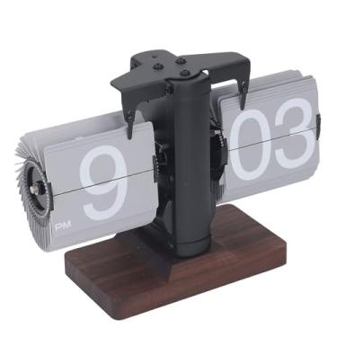 Imagem de Relógio de Mesa Giratório retrô Flip, Relógio de Aço Inoxidável de Face única Com Base de Nogueira, Números Grandes para Fácil Leitura, para Sala de (Páginas cinzentas com