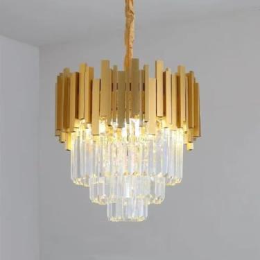 Imagem de LTFCFZQ Lustre de cristal dourado para sala de estar, lustres de ouro K9 modernos de 3 níveis, luminária redonda gota de chuva grande para escada, hall de entrada