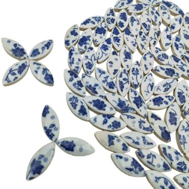 Imagem de Azulejos de mosaico de cerâmica de 500 g para artesanato, peças de mosaico de folhas de porcelana para mosaico DIY, suprimentos de cerâmica manchada (flor azul)