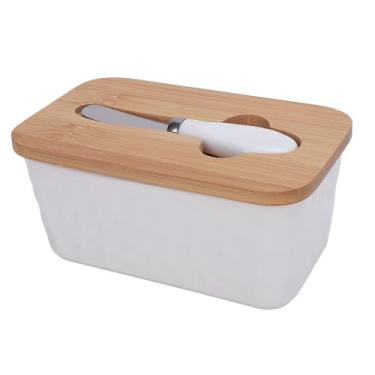 Imagem de Prato de Manteiga de Cerâmica Com Tampa, Cortador de Manteiga Multifuncional e Vedação de Silicone de Camada Dupla, Recipiente Grande de Manteiga para Bancada de Cozinha, (Branco)