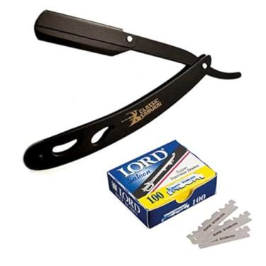 Imagem de Barbeador profissional de aço inoxidável CS-102 Samurai clássico com borda reta e lâminas de barbear de borda única com 100 unidades (preto fosco com 100 Premium)