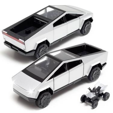 Imagem de Caminhonete de brinquedo Cybertruck modelo com motocicleta RV em escala 1/32