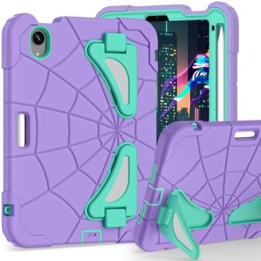 Imagem de Capa infantil para iPad Mini 7 A17 Pro 2024/Mini 6 21.1 cm, capa aranha para iPad Mini 7ª 6ª geração, capa protetora completa à prova de choque durável com suporte para lápis, suporte (roxa)