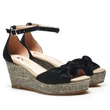 Imagem de Sandália Anabela em Suede com Salto de Rafia e Juta Iods  7066 Preto-3