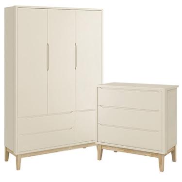 Imagem de Jogo de Quarto Classic Guarda Roupa 3 Portas e Cômoda 3 Gavetas com Pés Madeira Natural - Reller Móveis Areia Fosco