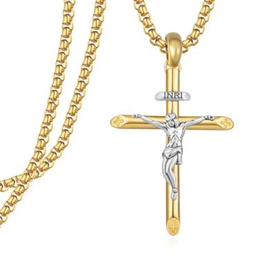 Imagem de Colar de crucifixo de ouro para homens - Pingente de cruz de Jesus em prata esterlina 925 com corrente de aço inoxidável de 55 cm + 5 cm - Joia de crucifixo religioso para homens católicos, No, Prata