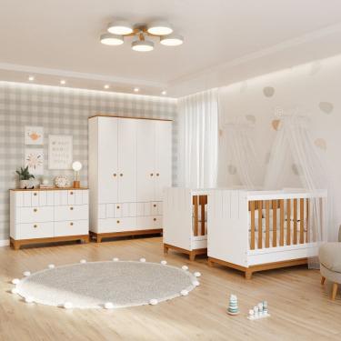 Imagem de Quarto Bebê Gêmeos com 2 Berços Mini Cama Cômoda e Guarda Roupa Liza Permobili