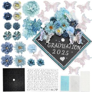 Imagem de Decorações de boné de formatura DIY azul incluídas cabeças de flores artificiais 3D borboleta strass alfabeto letras adesivos papel glitter para arte DIY chapéu graduado topo de boné