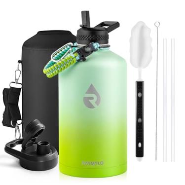 Imagem de Garrafa térmica para água RAYMYLO, aço inoxidável com parede tripla isolada a vácuo (fria por 48 h), jarra grande à prova de vazamento, sem BPA, alça de paracord, tampas de bico e canudo, 3,8 L