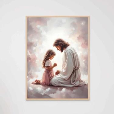 Imagem de Quadro Decorativo Jesus Cristo e a Menina Rezando Orando Quarto Infant