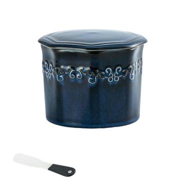 Imagem de Manteiga de cerâmica poligonal doméstica, frasco selado de armazenamento simples - azul vintage (com cerâmica)