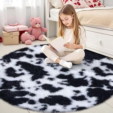 Imagem de OLANLY Tapetes redondos tie-dye preto e branco para quarto – Lavável na máquina, tapetes circulares de 1,2 x 1,2 m para sala de estar, tapete felpudo macio e fofo para meninas e meninos, dormitórios