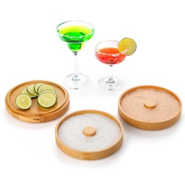 Imagem de Nucookery Aro de vidro de barra de madeira de 3 camadas, conjunto de escorredor de sal Margarita de 14 cm, bandeja de imersão de açúcar e sal para coquetéis de suco, ferramenta de festa de bar de
