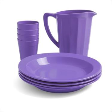 Imagem de Kit Plástico 1 Jarra 1,7L + 4 Pratos + 4 Copos 200Ml Conjunto Mesa Para Festas Creches Escolas Infantil (Roxo)