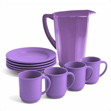 Imagem de Conjunto Plástico 1 Jarra + 4 Pratos e 4 Canecas 400ML Kit Mesa Completo Infantil Livre de BPA (Roxo)