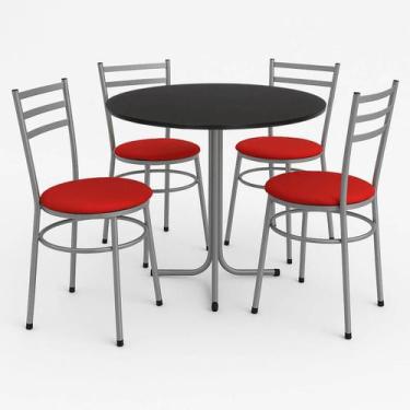Imagem de Mesa de Jantar Redonda 80cm Preta Com 4 Cadeiras Estofada Cinza - Lama