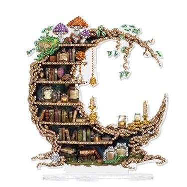 Imagem de TDFERAN 15x20cm DIY Diamond Desktop Ornament Moon Bookshelf Crystal Art Painting Tabletop Tengman Moon Diamond Ornament Brown Bookshelf Ornaments Diamant for Adult Beginner Home Office Decor Crafts