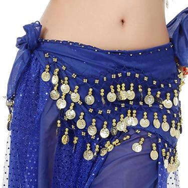 Imagem de Cachecol WAYDA Hip para dança do ventre, cachecol de dança do ventre com 128 saias de moedas de ouro para dança do ventre, zumba ou aula de ioga, excelente para prática de dança do ventre, Azul