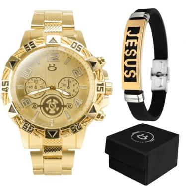 Imagem de Relogio Masculino Banhado Personalizado Aco Inox + Caixa presente original analogico Pulseira Silicone Jesus Cristo